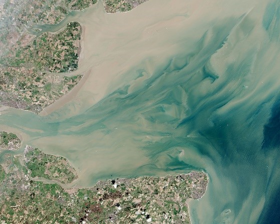 These aren't sandbanks - this is the sediment (soil) runoff from the Thames, as seen from the International Space Station in 2014